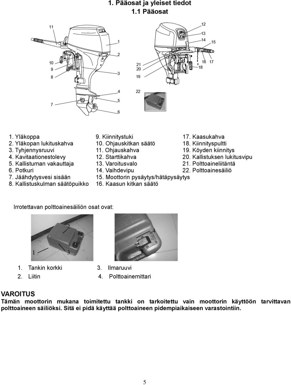 Polttoaineliitäntä 6. Potkuri 14. Vaihdevipu 22. Polttoainesäiliö 7. Jäähdytysvesi sisään 15. Moottorin pysäytys/hätäpysäytys 8. Kallistuskulman säätöpuikko 16.