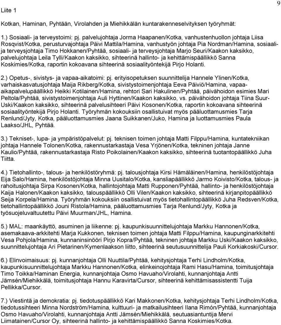 Hokkanen/Pyhtää, sosiaali- ja terveysjohtaja Marjo Seuri/Kaakon kaksikko, palvelujohtaja Leila Tylli/Kaakon kaksikko, sihteerinä hallinto- ja kehittämispäällikkö Sanna Koskimies/Kotka, raportin