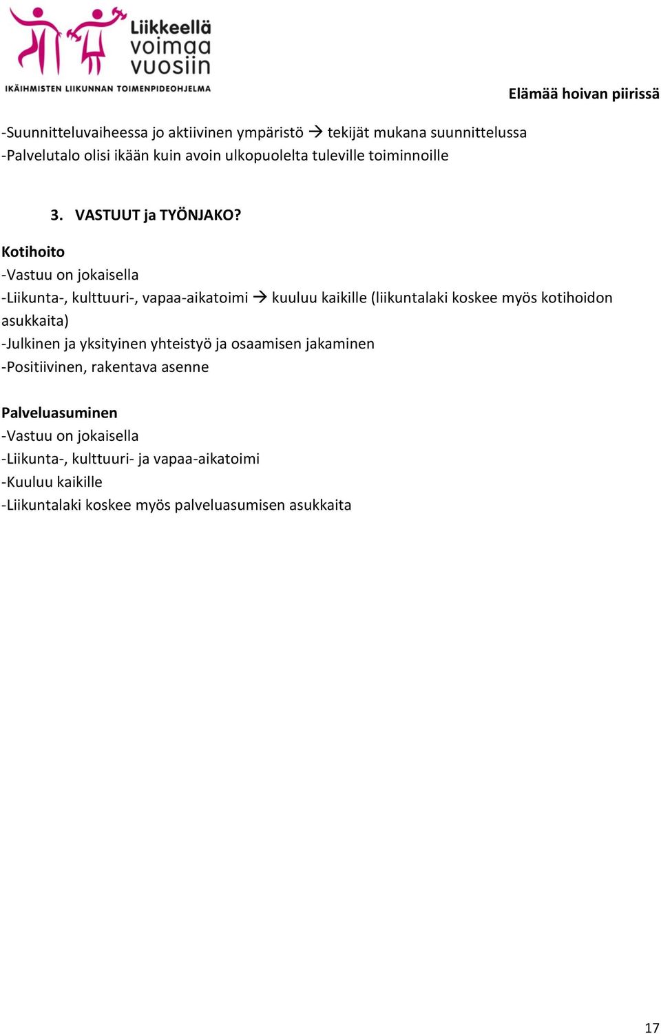 (liikuntalaki koskee myös kotihoidon asukkaita) -Julkinen ja yksityinen yhteistyö ja osaamisen jakaminen -Positiivinen, rakentava