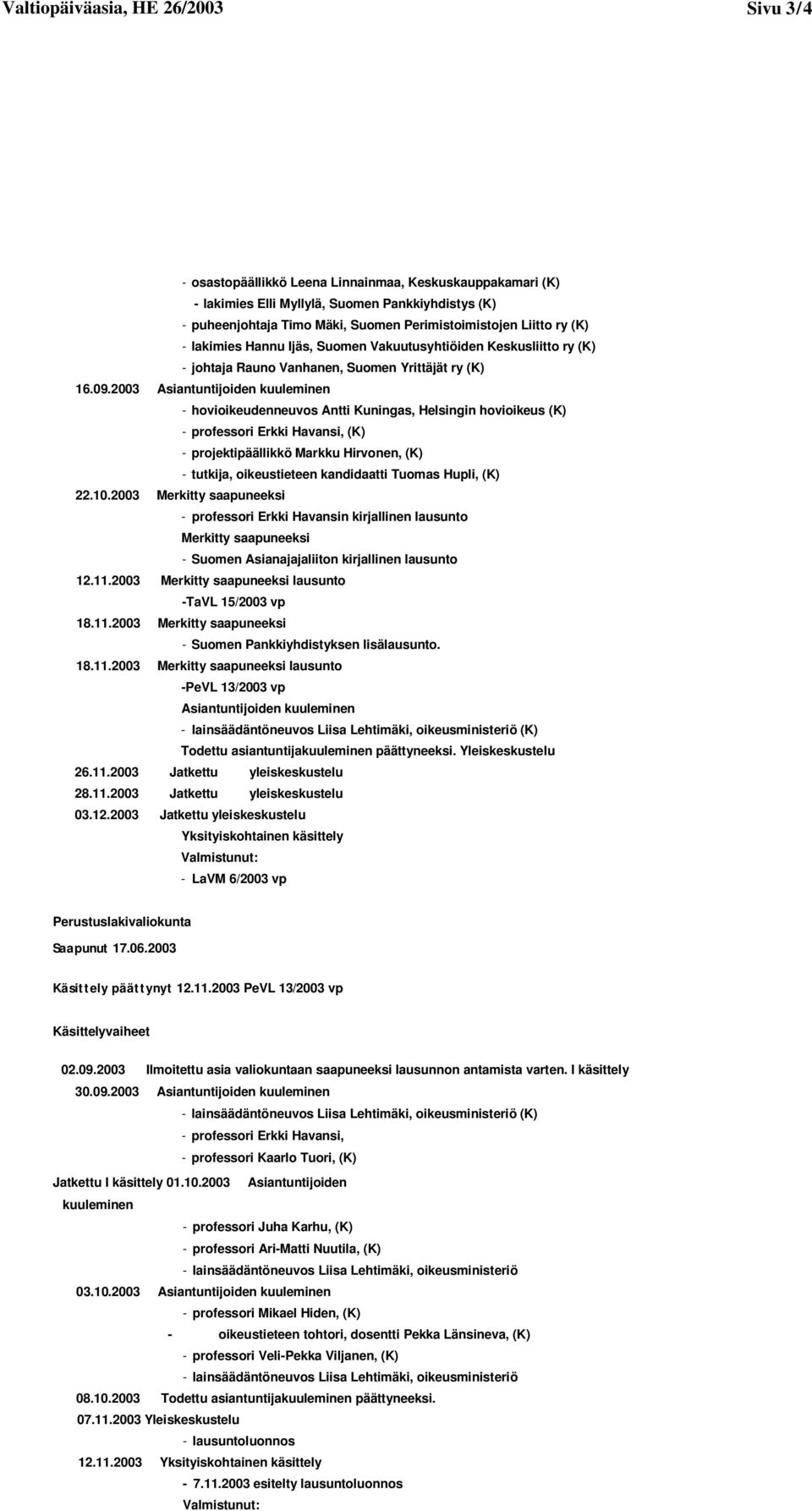 2003 Asiantuntijoiden kuuleminen - hovioikeudenneuvos Antti Kuningas, Helsingin hovioikeus (K) - professori Erkki Havansi, (K) - projektipäällikkö Markku Hirvonen, (K) - tutkija, oikeustieteen