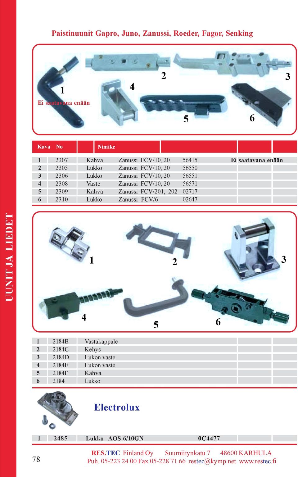 Vaste Zanussi FCV/0, 0 5657 5 09 Kahva Zanussi FCV/0, 0 077 6 0 Lukko Zanussi FCV/6 0647 4 5 6 84B