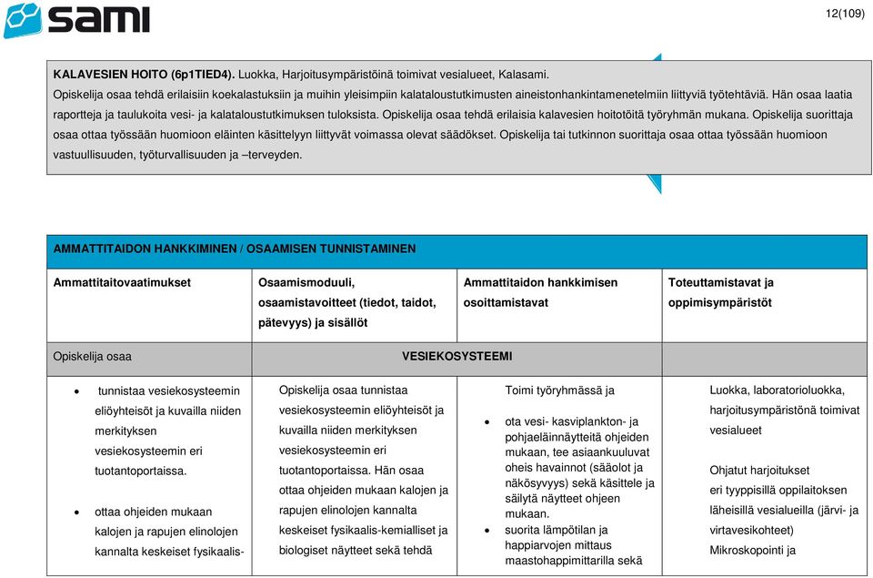 Hän osaa laatia raportteja ja taulukoita vesi- ja kalataloustutkimuksen tuloksista. Opiskelija osaa tehdä erilaisia kalavesien hoitotöitä työryhmän mukana.