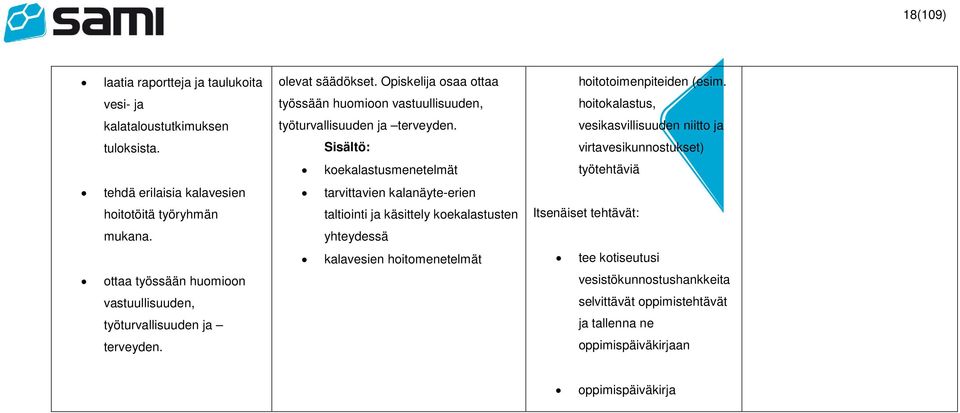 Opiskelija osaa ottaa työssään huomioon vastuullisuuden, työturvallisuuden ja terveyden.