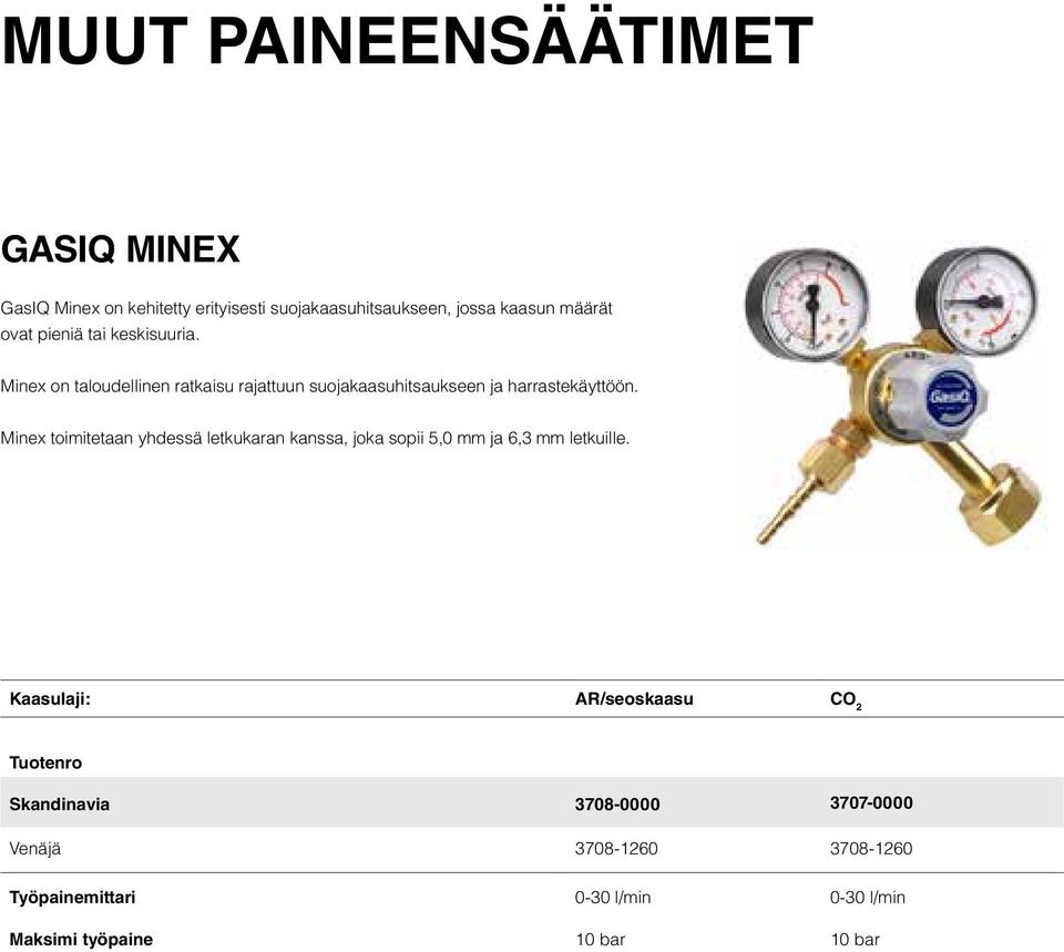 Minex toimitetaan yhdessä letkukaran kanssa, joka sopii 5,0 mm ja 6,3 mm letkuille.