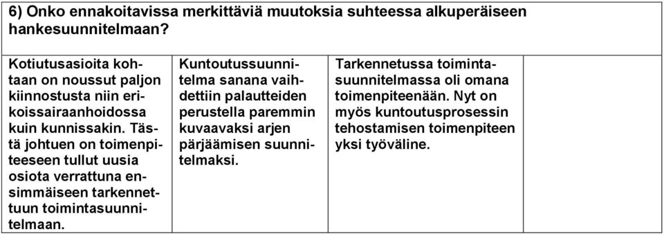 Tästä johtuen on toimenpiteeseen tullut uusia osiota verrattuna ensimmäiseen tarkennettuun toimintasuunnitelmaan.