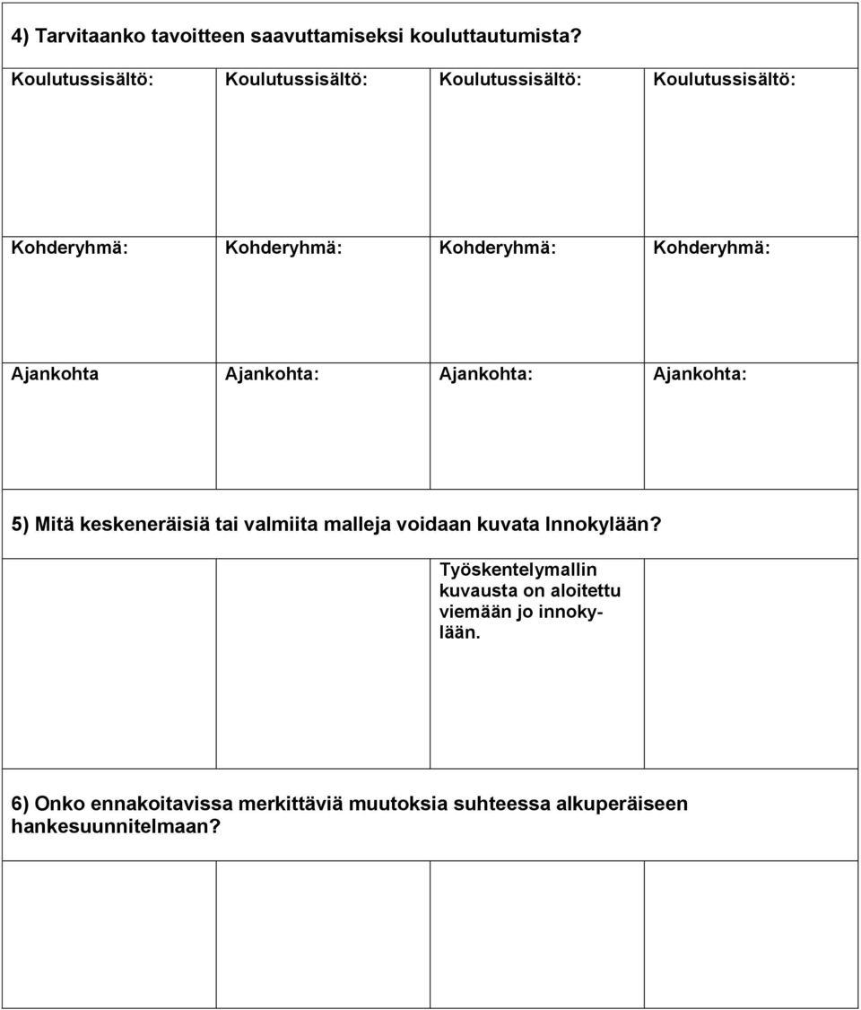 Kohderyhmä: Ajankohta Ajankohta: Ajankohta: Ajankohta: 5) Mitä keskeneräisiä tai valmiita malleja voidaan