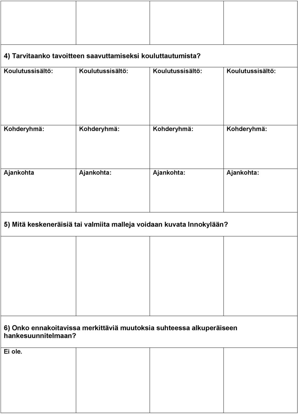 Kohderyhmä: Kohderyhmä: Ajankohta Ajankohta: Ajankohta: Ajankohta: 5) Mitä keskeneräisiä tai