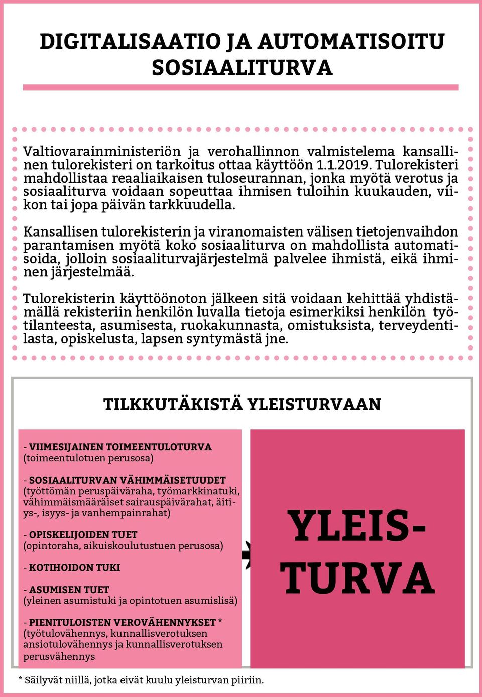 Kansallisen tulorekisterin ja viranomaisten välisen tietojenvaihdon parantamisen myötä koko sosiaaliturva on mahdollista automatisoida, jolloin sosiaaliturvajärjestelmä palvelee ihmistä, eikä ihminen