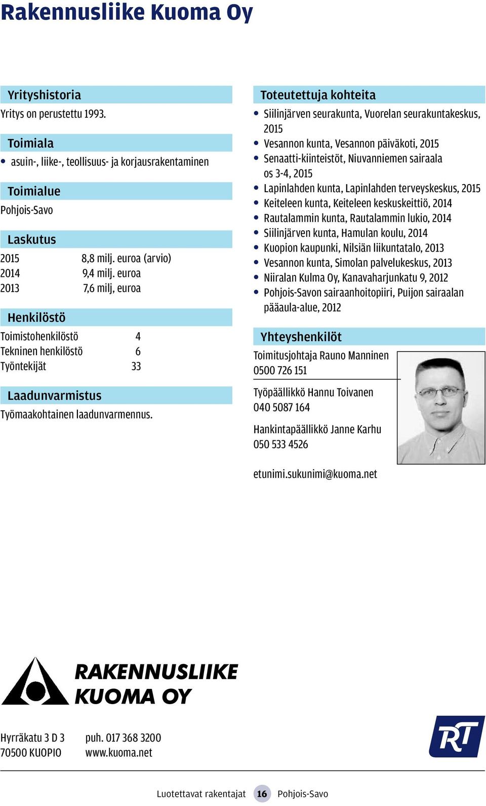 Siilinjärven seurakunta, Vuorelan seurakuntakeskus, 2015 Vesannon kunta, Vesannon päiväkoti, 2015 Senaatti-kiinteistöt, Niuvanniemen sairaala os 3-4, 2015 Lapinlahden kunta, Lapinlahden