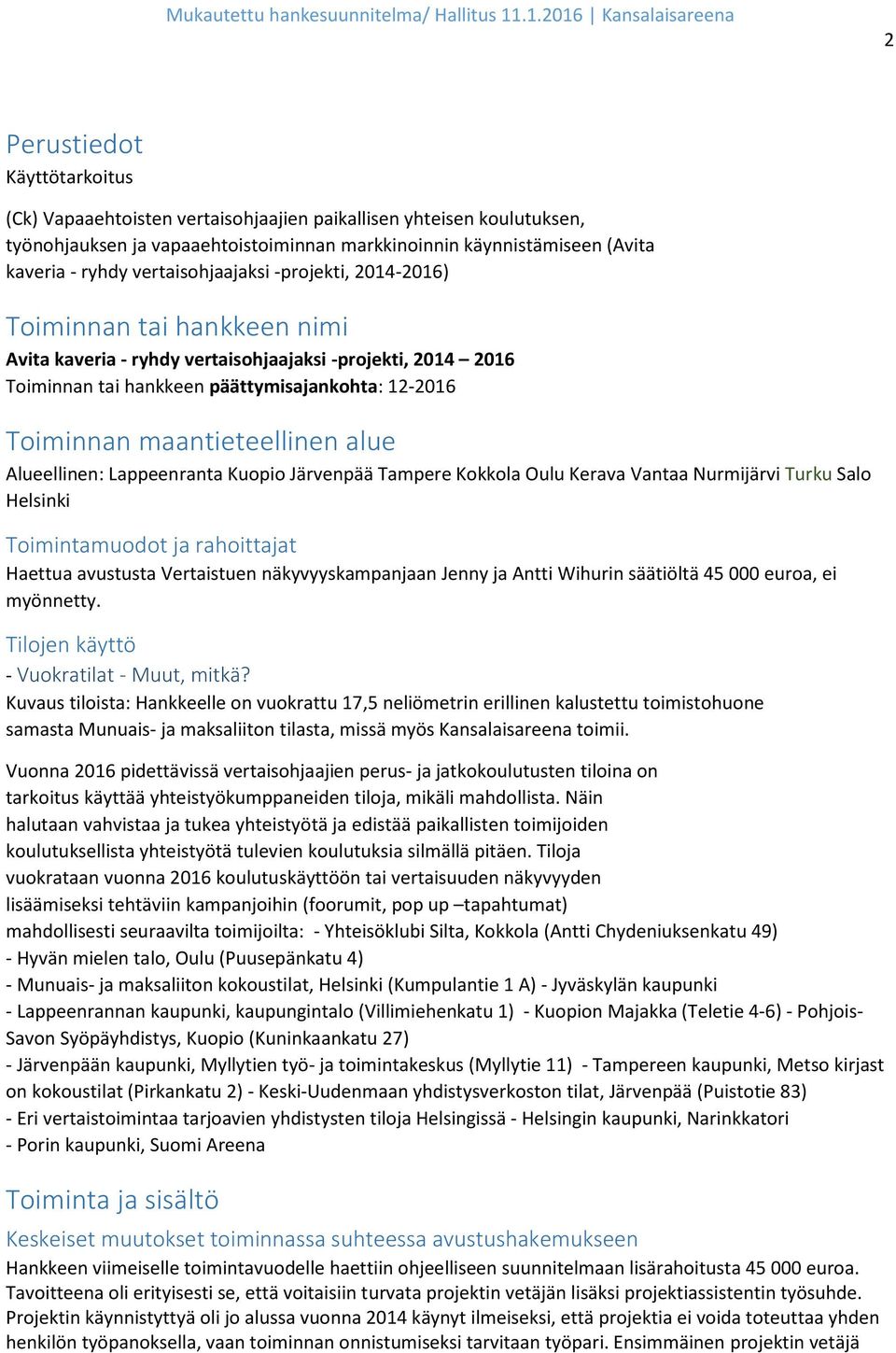 maantieteellinen alue Alueellinen: Lappeenranta Kuopio Järvenpää Tampere Kokkola Oulu Kerava Vantaa Nurmijärvi Turku Salo Helsinki Toimintamuodot ja rahoittajat Haettua avustusta Vertaistuen