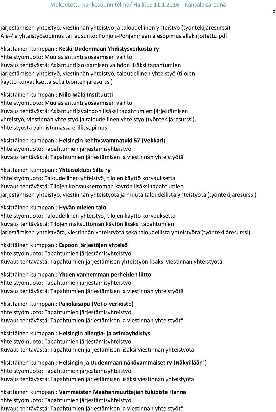 yhteistyö, viestinnän yhteistyö, taloudellinen yhteistyö (tilojen käyttö korvauksetta sekä työntekijäresurssi) Yksittäinen kumppani: Niilo Mäki Instituutti Yhteistyömuoto: Muu asiantuntijaosaamisen