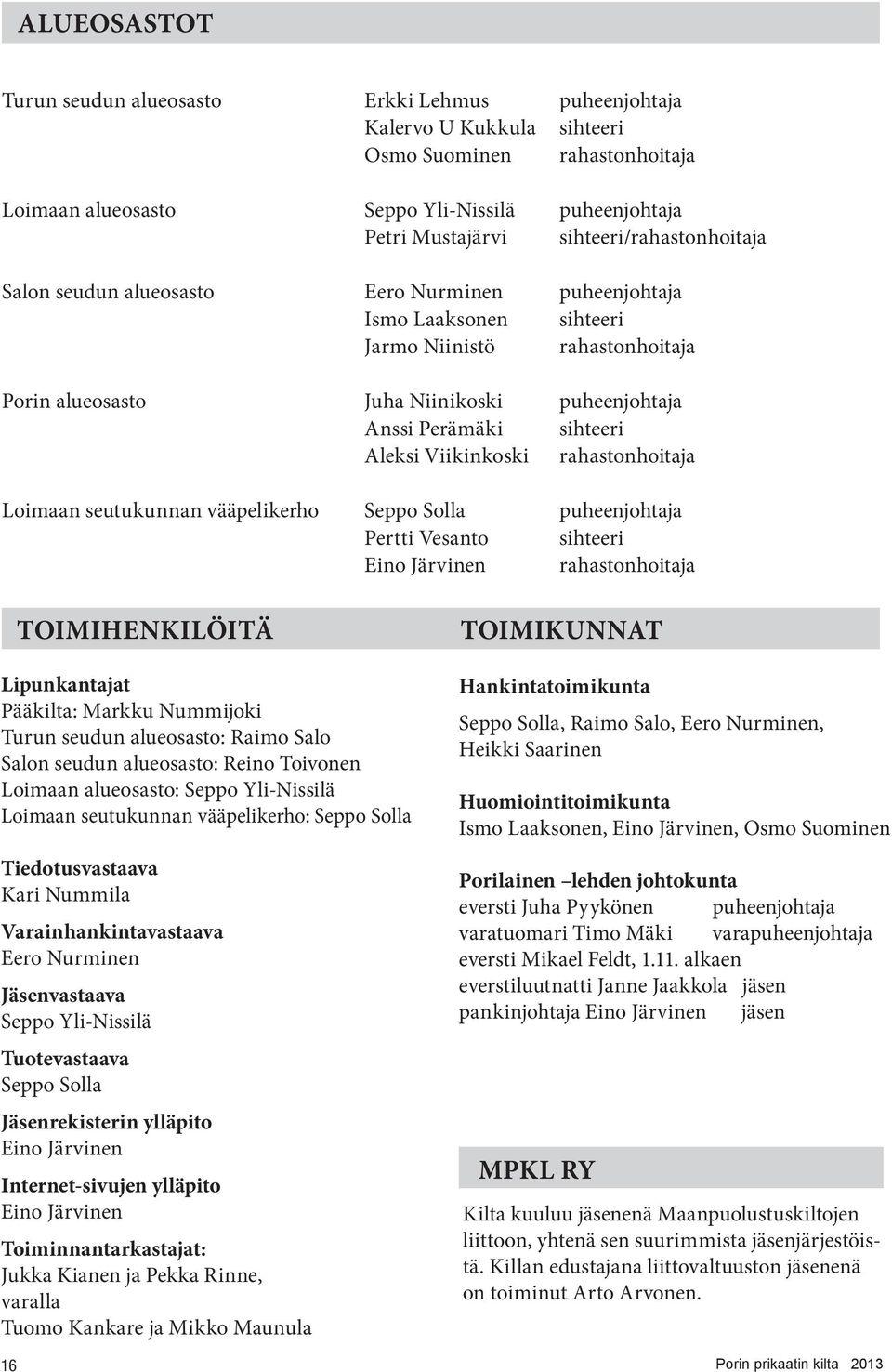 sihteeri Aleksi Viikinkoski rahastonhoitaja Loimaan seutukunnan vääpelikerho Seppo Solla puheenjohtaja Pertti Vesanto sihteeri Eino Järvinen rahastonhoitaja 16 TOIMIHENKILÖITÄ Lipunkantajat Pääkilta: