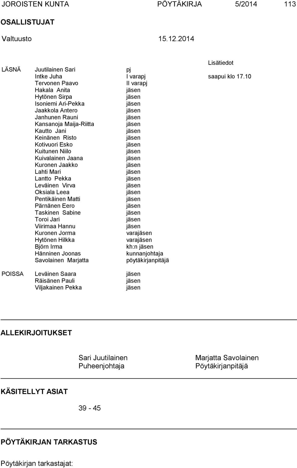 Jaana Kuronen Jaakko Lahti Mari Lantto Pekka Leväinen Virva Oksiala Leea Pentikäinen Matti Pärnänen Eero Taskinen Sabine Toroi Jari Viirimaa Hannu Kuronen Jorma vara Hytönen Hilkka vara Björn Irma