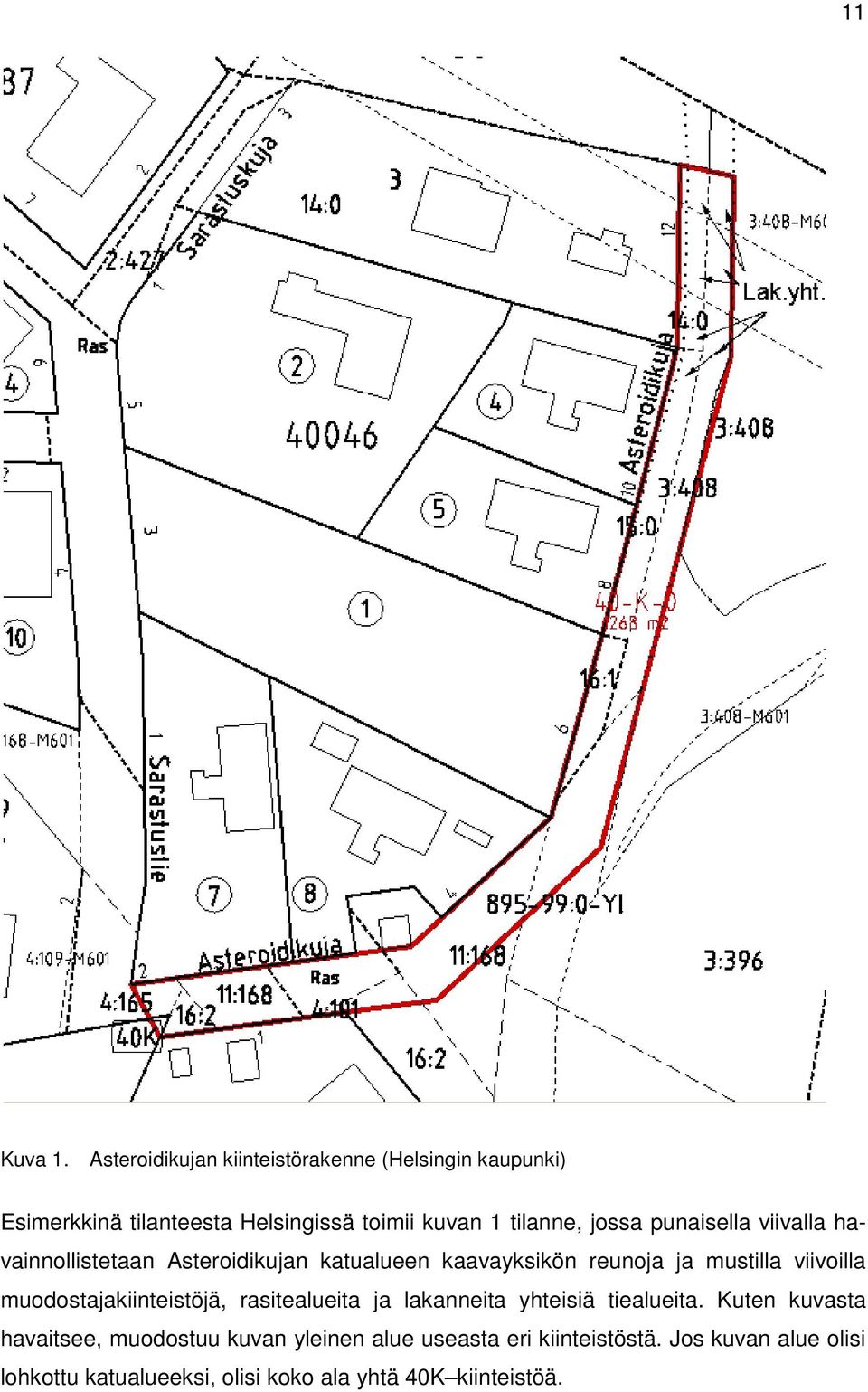 jossa punaisella viivalla havainnollistetaan Asteroidikujan katualueen kaavayksikön reunoja ja mustilla viivoilla