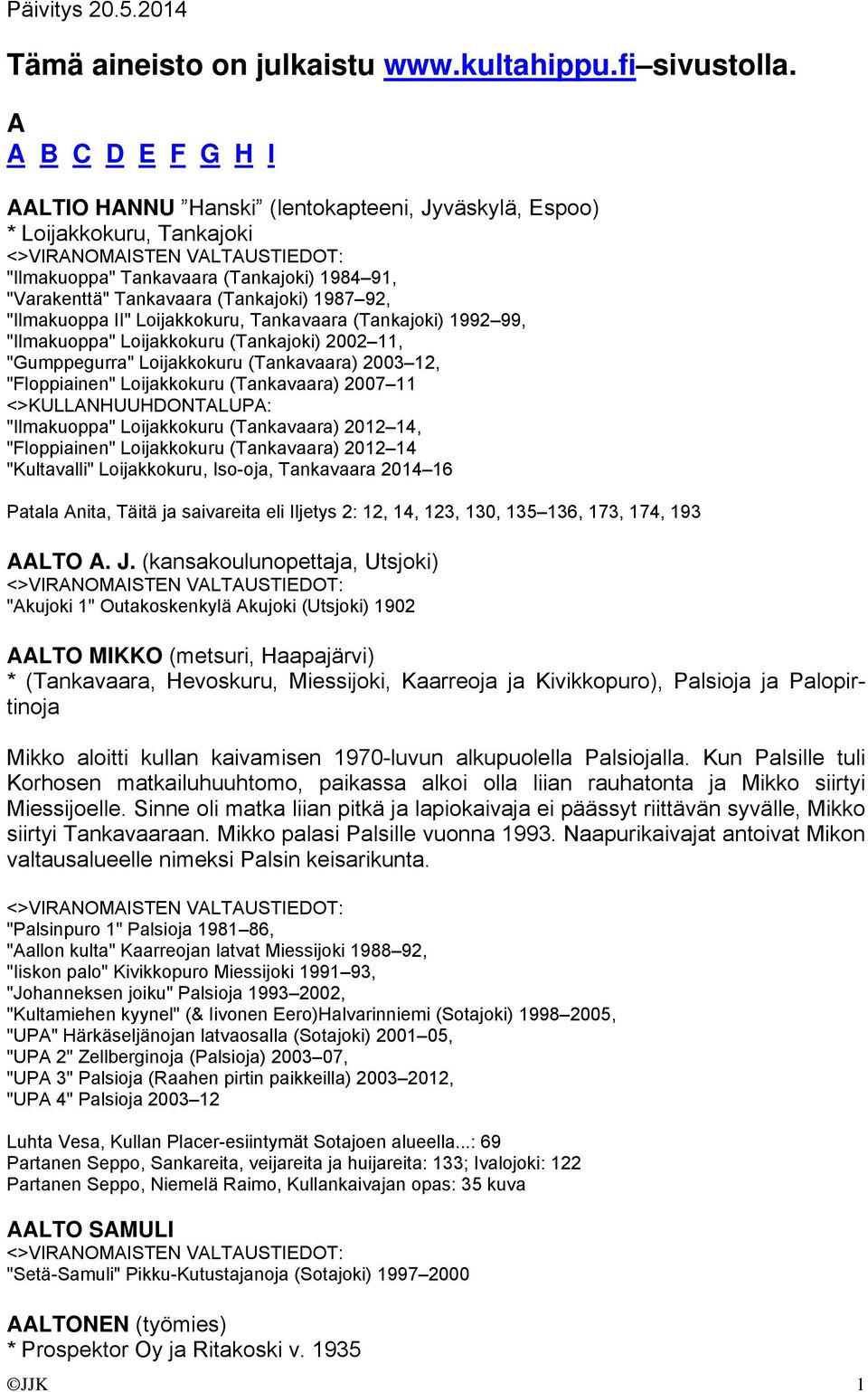 "Ilmakuoppa II" Loijakkokuru, Tankavaara (Tankajoki) 1992 99, "Ilmakuoppa" Loijakkokuru (Tankajoki) 2002 11, "Gumppegurra" Loijakkokuru (Tankavaara) 2003 12, "Floppiainen" Loijakkokuru (Tankavaara)