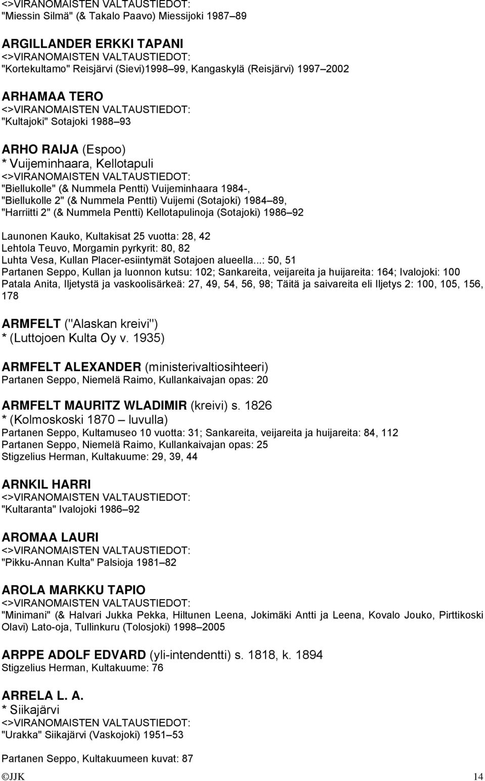 Kellotapulinoja (Sotajoki) 1986 92 Launonen Kauko, Kultakisat 25 vuotta: 28, 42 Lehtola Teuvo, Morgamin pyrkyrit: 80, 82 Luhta Vesa, Kullan Placer-esiintymät Sotajoen alueella.