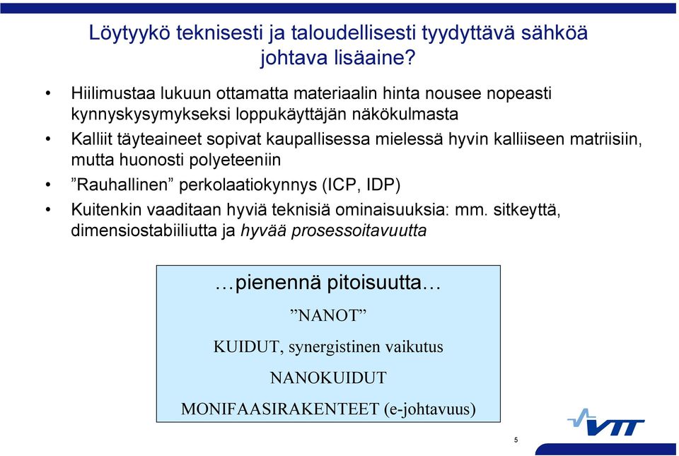 kaupallisessa mielessä hyvin kalliiseen matriisiin, mutta huonosti polyeteeniin Rauhallinen perkolaatiokynnys (ICP, IDP) Kuitenkin