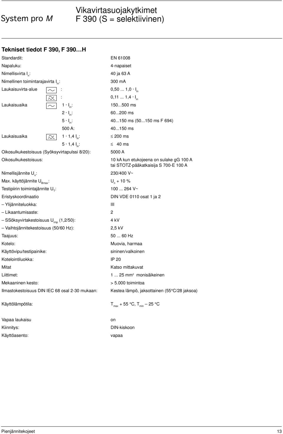 ..150 ms Laukaisuaika 1 1,4 I in : 200 ms 5 1,4 I in : 40 ms Oikosulkukestoisuus (Syöksyvirtapulssi 8/20): 5000 A Oikosulkukestoisuus: 10 ka kun etukojeena on sulake gg 100 A tai STOTZ-pääkatkaisija