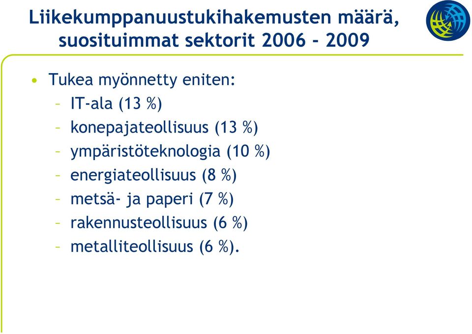 konepajateollisuus (13 %) ympäristöteknologia (10 %)