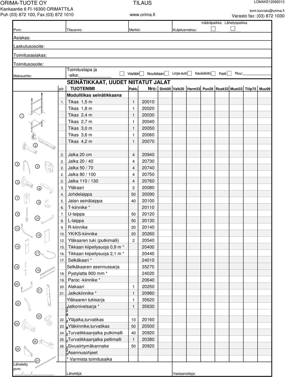 Yläkaari 000. Johdelaippa 0 000. Jalan seinälaippa 0 00. T-kiinnike * 0. U-laippa 0 0. L-laippa 0 00. R-kiinnike 0 00. YK/KS-kiinnike 0 00. Yläkaaren tuki (putkimalli) 00.