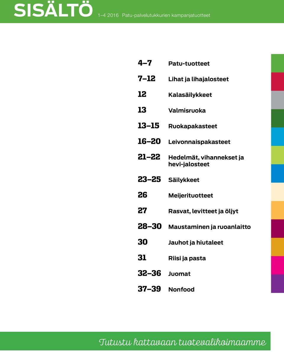 hevi-jalosteet 23 25 Säilykkeet 26 Meijerituotteet 27 Rasvat, levitteet ja öljyt 28 30 Maustaminen ja