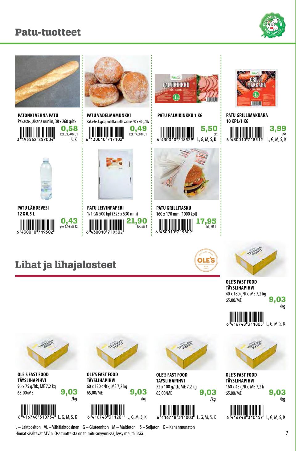 (1000 kpl) 17,95 ltk, ME 1 ihat ja lihajalosteet OE'S FAST FOOD TÄYSIHAPIHVI 40 x 180 g/ltk, ME 7,2 kg 65,00/ME 9,03 OE'S FAST FOOD TÄYSIHAPIHVI 96 x 75 g/ltk, ME 7,2 kg 65,00/ME 9,03 OE'S FAST FOOD