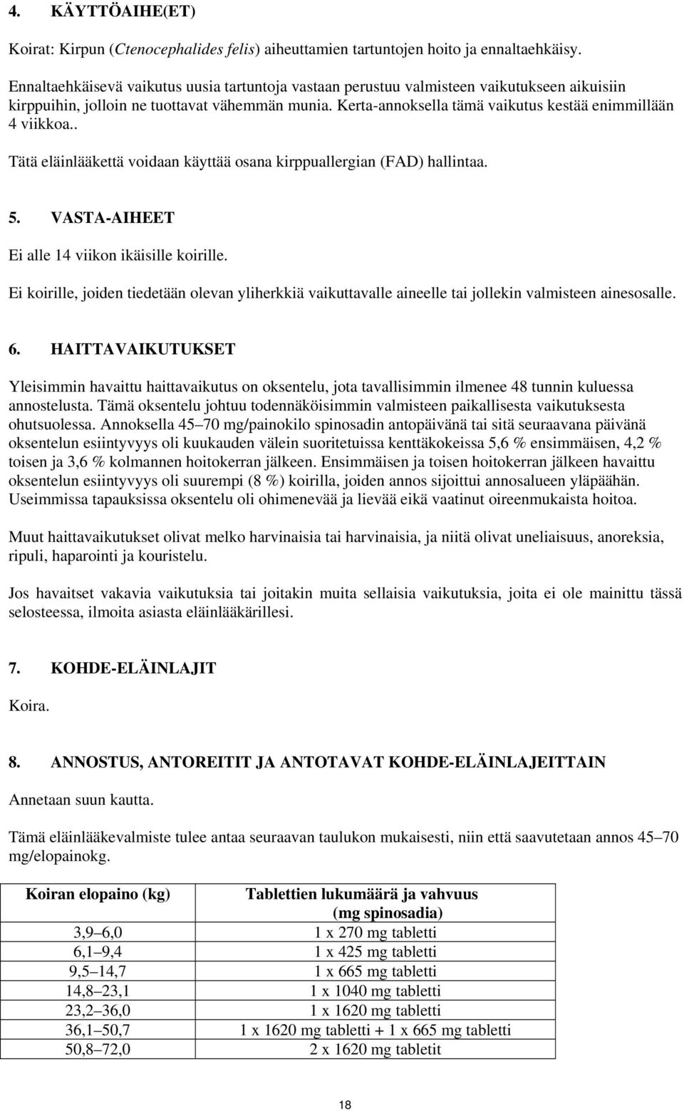 Kerta-annoksella tämä vaikutus kestää enimmillään 4 viikkoa.. Tätä eläinlääkettä voidaan käyttää osana kirppuallergian (FAD) hallintaa. 5. VASTA-AIHEET Ei alle 14 viikon ikäisille koirille.