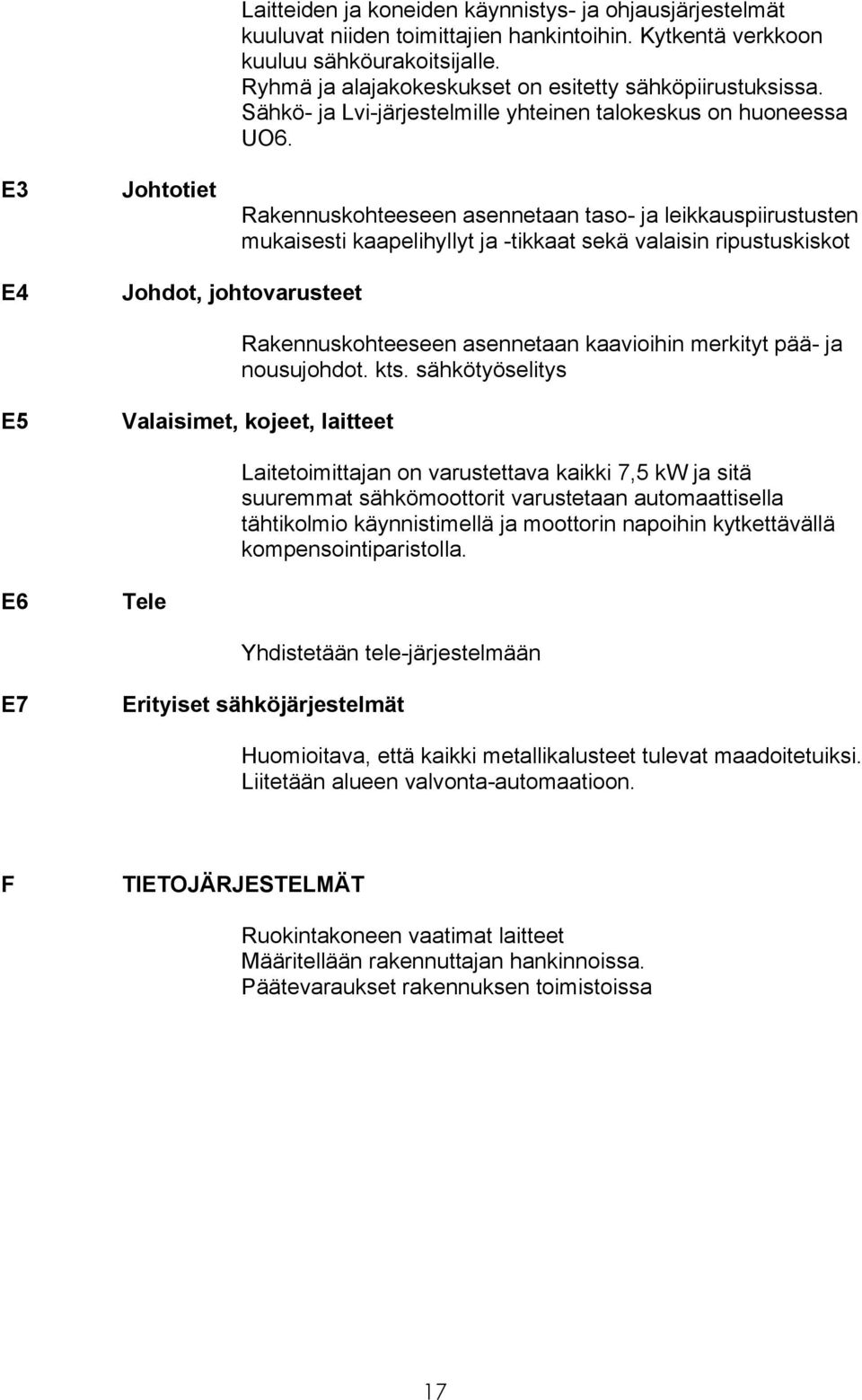 Rakennuskohteeseen asennetaan taso- ja leikkauspiirustusten mukaisesti kaapelihyllyt ja -tikkaat sekä valaisin ripustuskiskot E4 Johdot, johtovarusteet Rakennuskohteeseen asennetaan kaavioihin