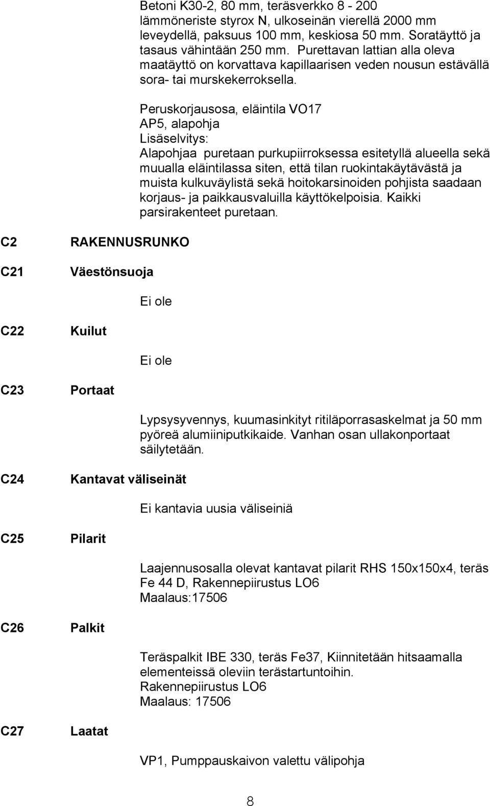 Peruskorjausosa, eläintila VO17 AP5, alapohja Lisäselvitys: Alapohjaa puretaan purkupiirroksessa esitetyllä alueella sekä muualla eläintilassa siten, että tilan ruokintakäytävästä ja muista