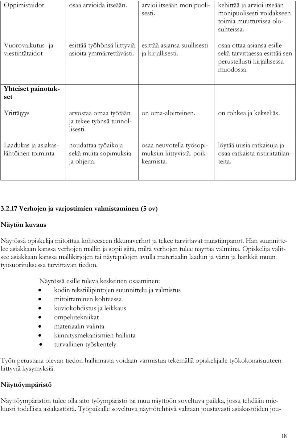 osaa ottaa asiansa esille sekä tarvittaessa esittää sen perustellusti kirjallisessa muodossa. Yhteiset painotukset Yrittäjyys arvostaa omaa työtään ja tekee työnsä tunnollisesti. on oma-aloitteinen.