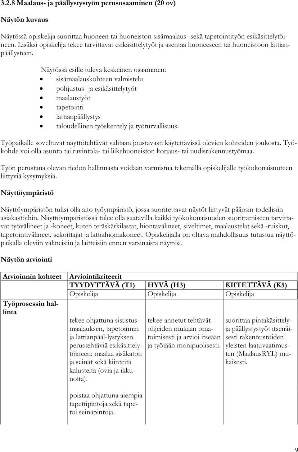 Näytössä esille tuleva keskeinen osaaminen: sisämaalauskohteen valmistelu pohjustus- ja esikäsittelytyöt maalaustyöt tapetointi lattianpäällystys taloudellinen työskentely ja työturvallisuus.