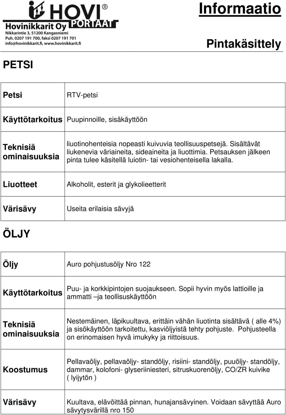 Alkoholit, esterit ja glykolieetterit Useita erilaisia sävyjä ÖLJY Öljy Auro pohjustusöljy Nro 122 Käyttötarkoitus Puu- ja korkkipintojen suojaukseen.