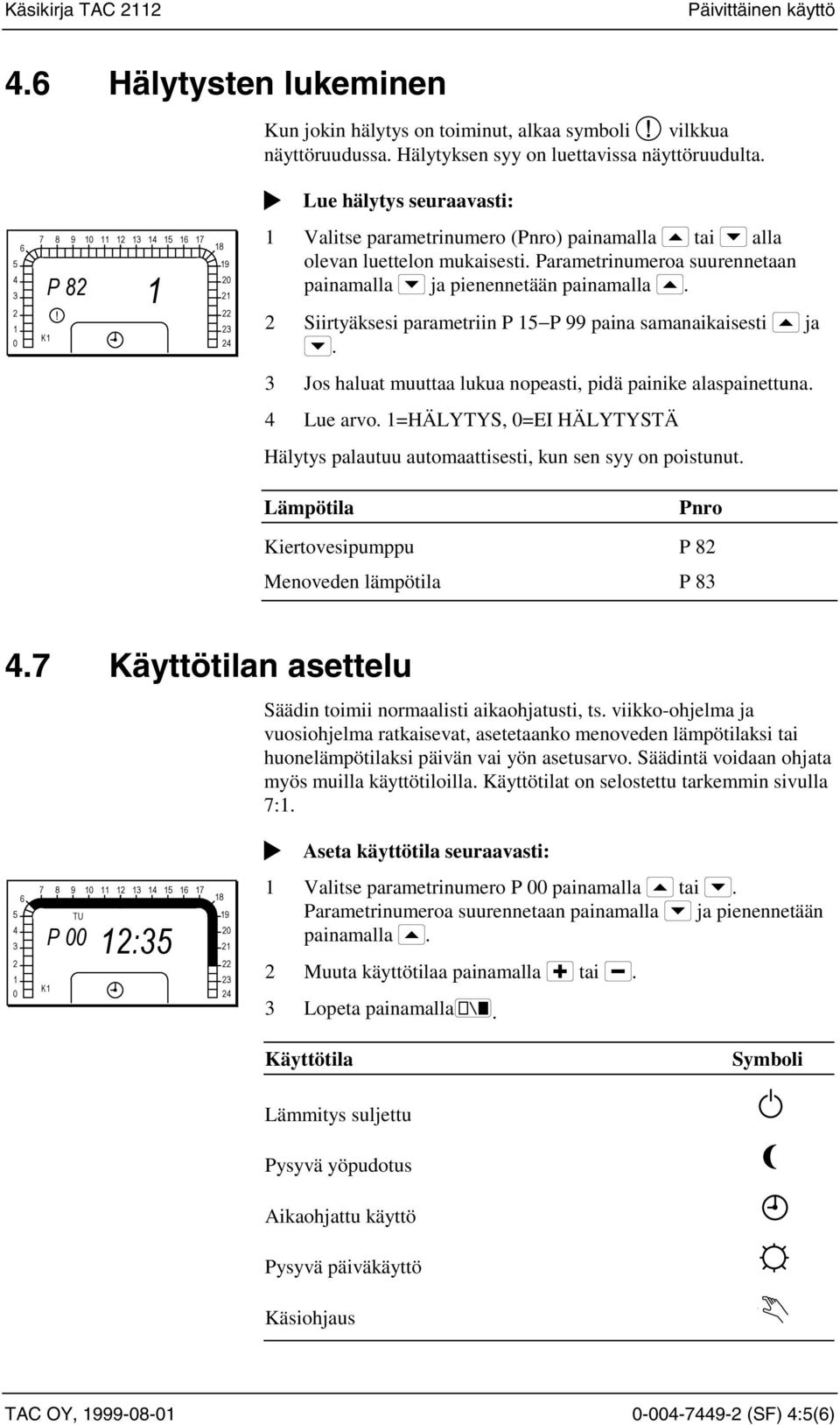 Parametrinumeroa suurennetaan painamalla ja pienennetään painamalla. 2 1 0! K1 22 23 24 2 Siirtyäksesi parametriin P 15 P 99 paina samanaikaisesti ja.