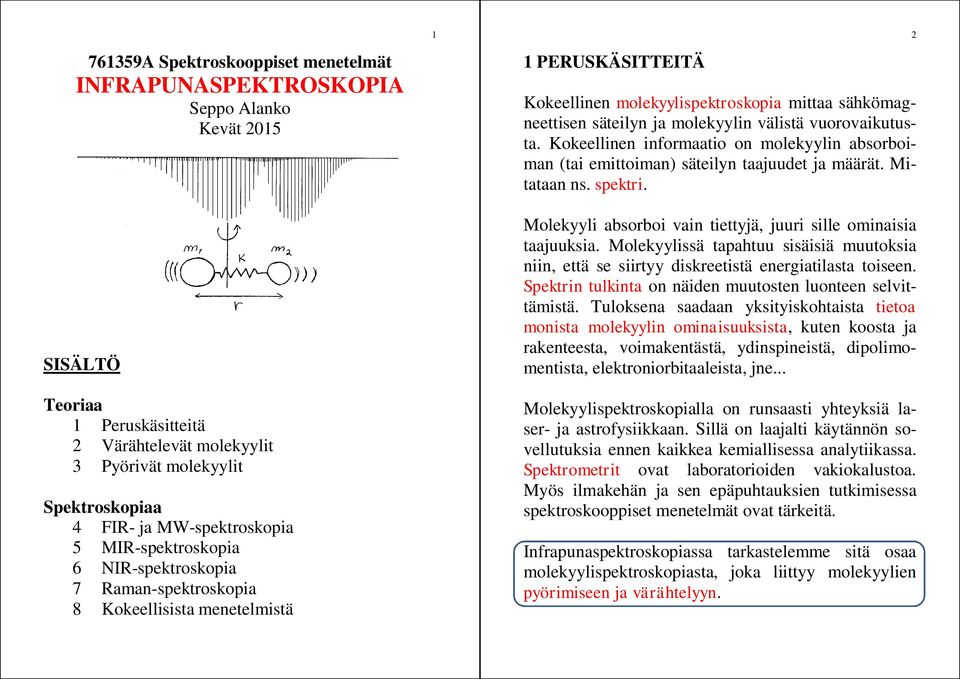 SISÄLTÖ Teoriaa Peruskäsitteitä Värähtelevät molekyylit 3 Pyörivät molekyylit Spektroskopiaa 4 FIR- ja MW-spektroskopia 5 MIR-spektroskopia 6 NIR-spektroskopia 7 Raman-spektroskopia 8 Kokeellisista