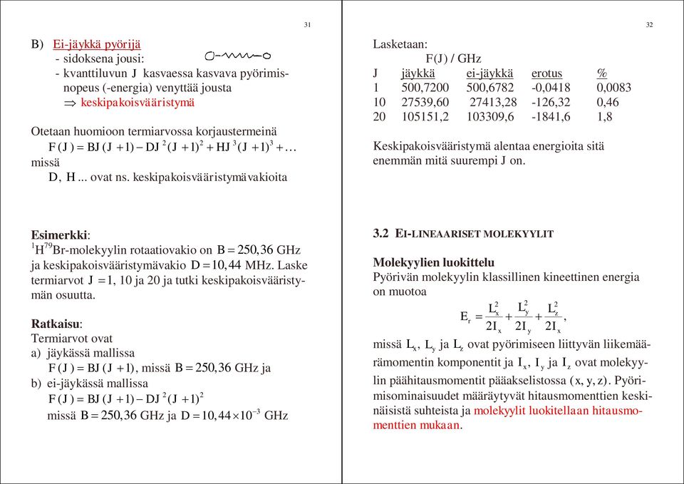 keskipakoisvääristymävakioita 3 Lasketaan: F(J) / GHz J jäykkä ei-jäykkä erotus % 500,700 500,678-0,048 0,0083 0 7539,60 743,8-6,3 0,46 0 055, 03309,6-84,6,8 Keskipakoisvääristymä alentaa energioita