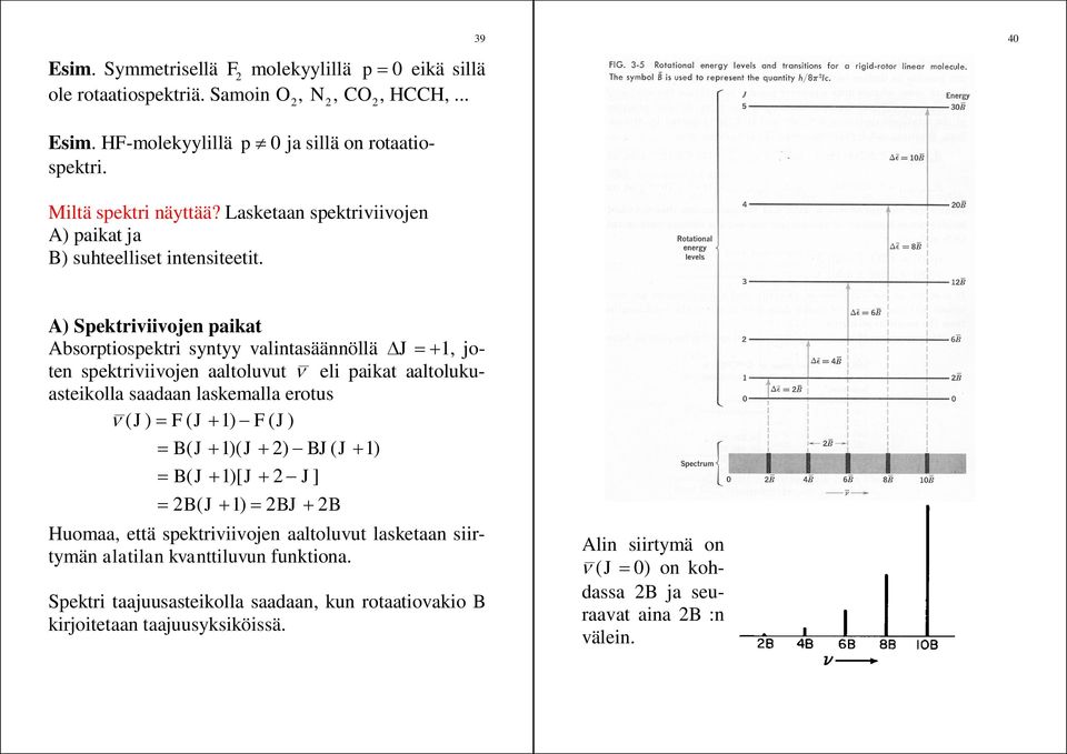 A) Spektriviivojen paikat Absorptiospektri syntyy valintasäännöllä D J =+, joten spektriviivojen aaltoluvut n eli paikat aaltolukuasteikolla saadaan laskemalla erotus n ( J) = F( J + ) -F( J)