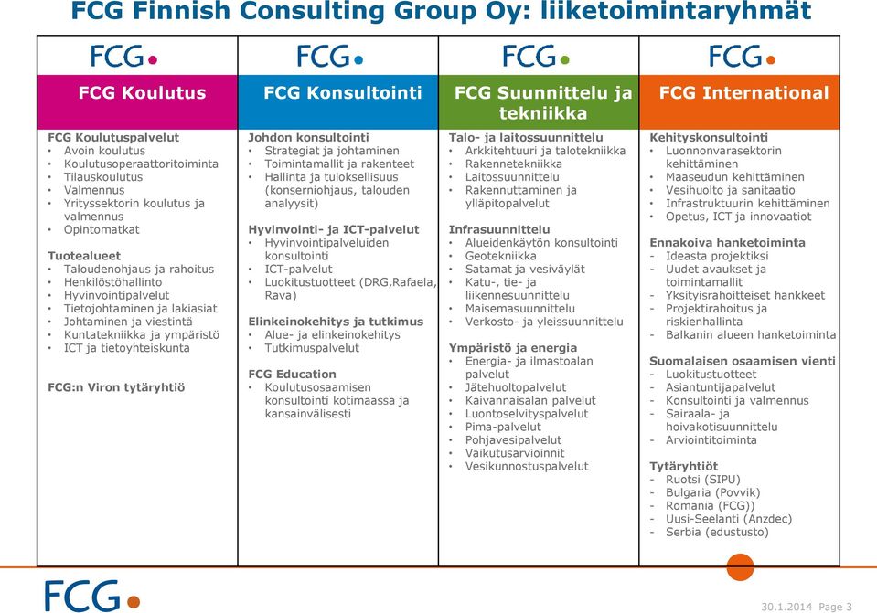 Kuntatekniikka ja ympäristö ICT ja tietoyhteiskunta FCG:n Viron tytäryhtiö Johdon konsultointi Strategiat ja johtaminen Toimintamallit ja rakenteet Hallinta ja tuloksellisuus (konserniohjaus,