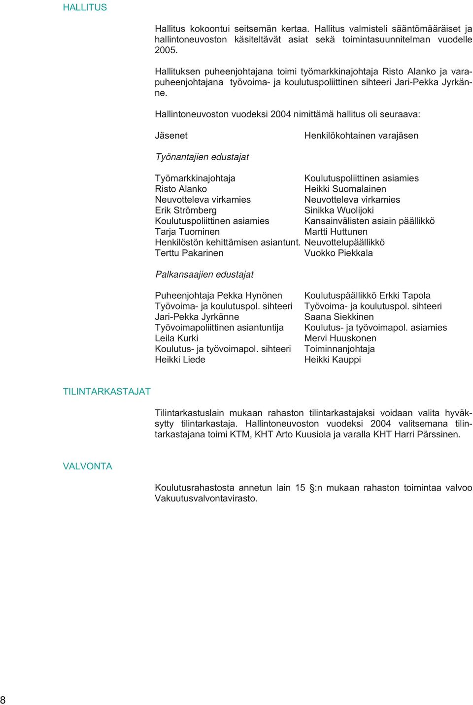 Hallintoneuvoston vuodeksi 2004 nimittämä hallitus oli seuraava: Jäsenet Henkilökohtainen varajäsen Työnantajien edustajat Työmarkkinajohtaja Koulutuspoliittinen asiamies Risto Alanko Heikki