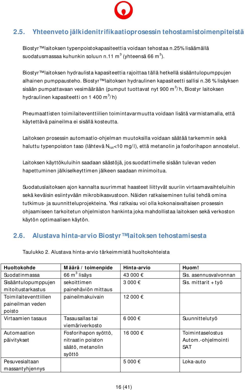 36 % lisäyksen sisään pumpattavaan vesimäärään (pumput tuottavat nyt 900 m 3 /h, Biostyr laitoksen hydraulinen kapasiteetti on 1 400 m 3 /h) Pneumaattisten toimilaiteventtiilien toimintavarmuutta