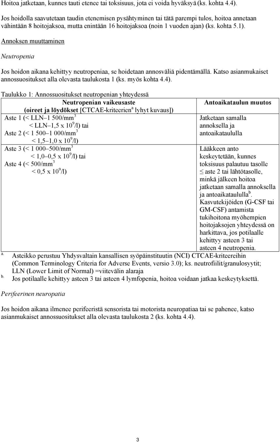 Annoksen muuttaminen Neutropenia Jos hoidon aikana kehittyy neutropeniaa, se hoidetaan annosväliä pidentämällä. Katso asianmukaiset annossuositukset alla olevasta taulukosta 1 (ks. myös kohta 4.4).