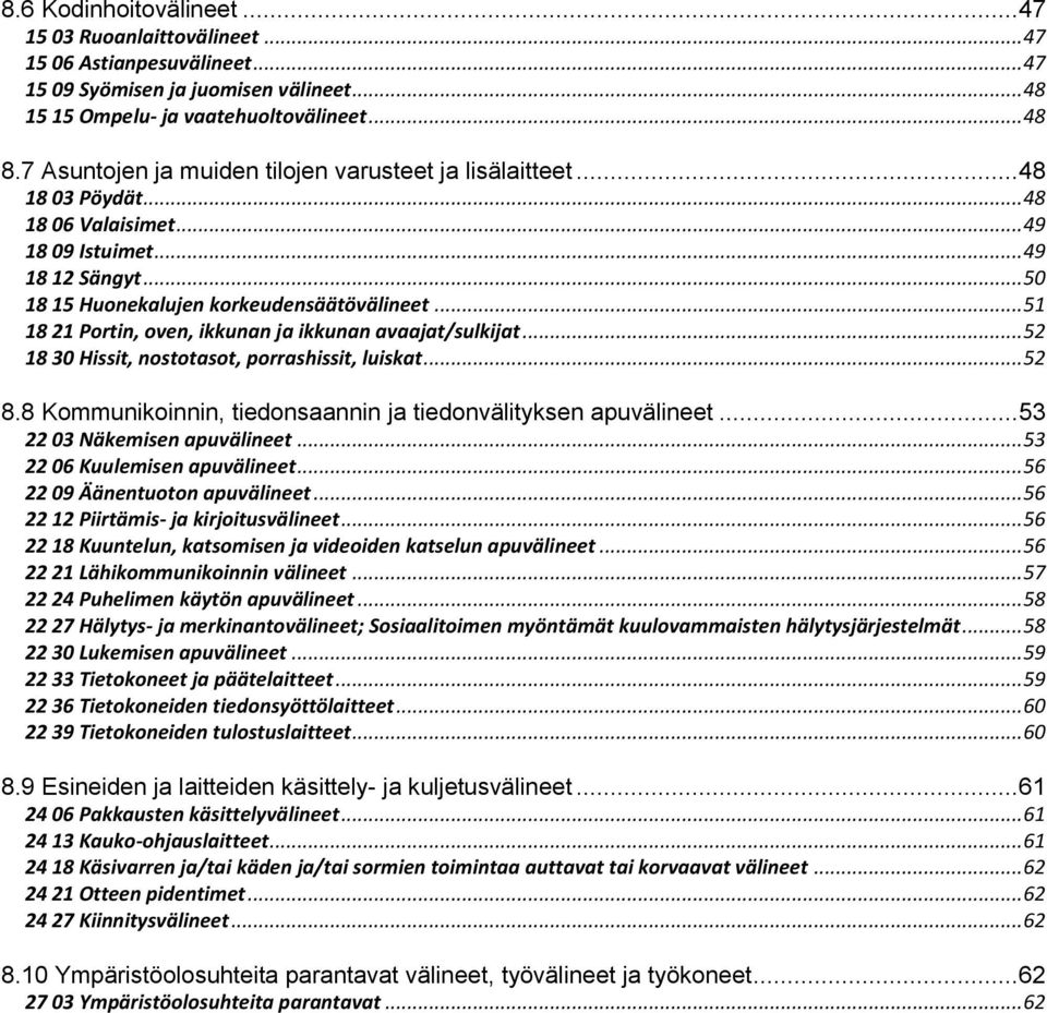 .. 51 18 21 Portin, oven, ikkunan ja ikkunan avaajat/sulkijat... 52 18 30 Hissit, nostotasot, porrashissit, luiskat... 52 8.8 Kommunikoinnin, tiedonsaannin ja tiedonvälityksen apuvälineet.