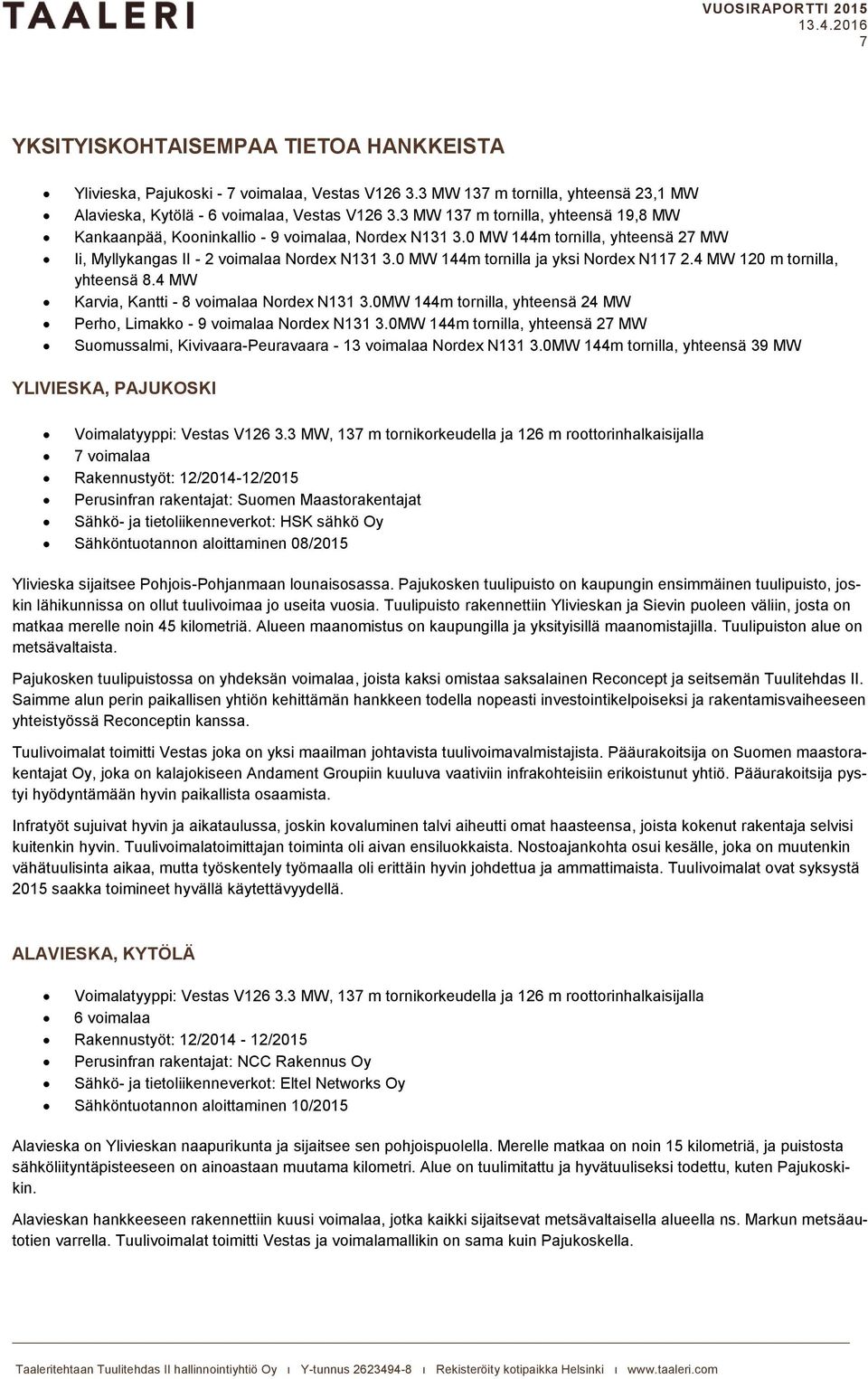 0 MW 144m tornilla ja yksi Nordex N117 2.4 MW 120 m tornilla, yhteensä 8.4 MW Karvia, Kantti - 8 voimalaa Nordex N131 3.0MW 144m tornilla, yhteensä 24 MW Perho, Limakko - 9 voimalaa Nordex N131 3.