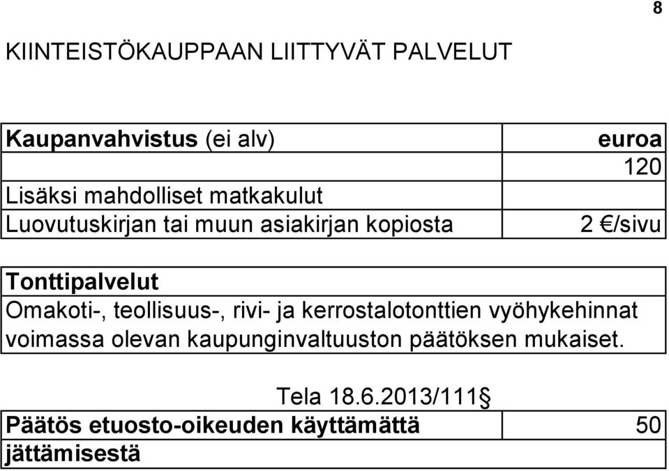 Omakoti-, teollisuus-, rivi- ja kerrostalotonttien vyöhykehinnat voimassa olevan