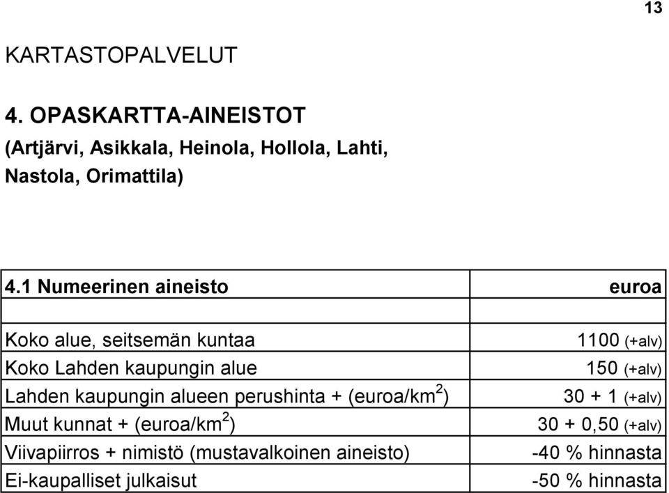 1 Numeerinen aineisto Koko alue, seitsemän kuntaa Koko Lahden kaupungin alue Lahden kaupungin alueen