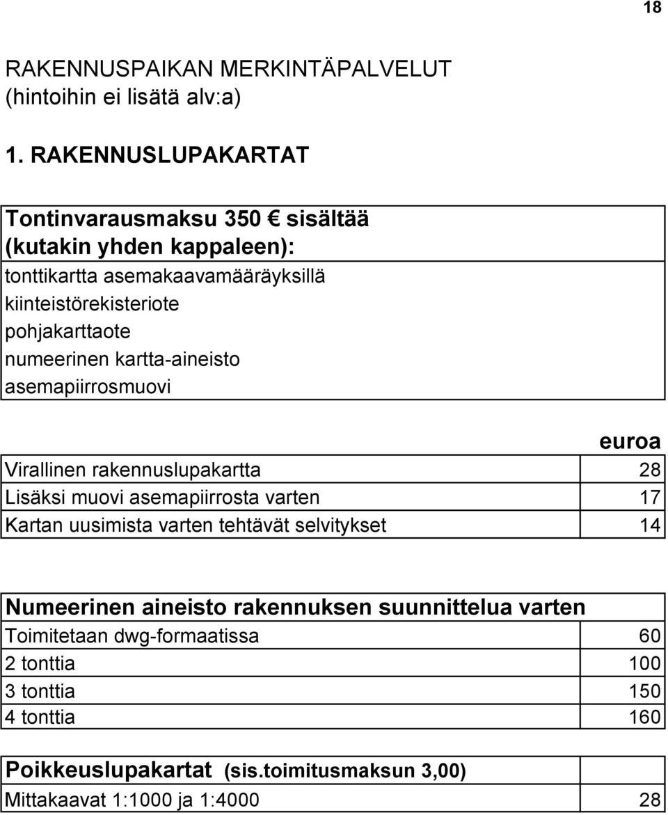 pohjakarttaote numeerinen kartta-aineisto asemapiirrosmuovi Virallinen rakennuslupakartta 28 Lisäksi muovi asemapiirrosta varten 17 Kartan