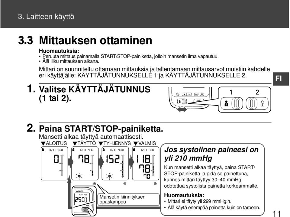 Paina START/STOP-painiketta. Mansetti alkaa täyttyä automaattisesti.