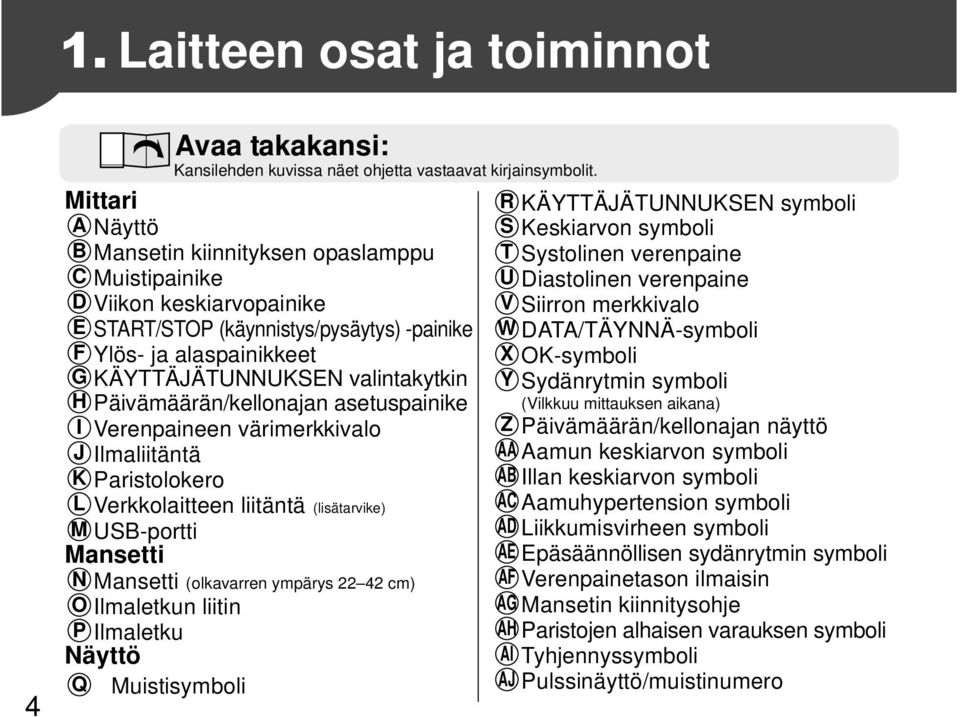 takakansi: Kansilehden kuvissa näet ohjetta vastaavat kirjainsymbolit.