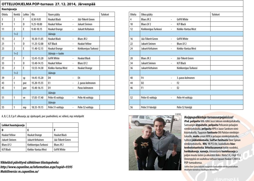 15 Haukat Orange - Jukurit Keltainen 12 Kiekkoreipas Turkoosi - Kiekko-Vantaa West 1+2 Jäänajo 15 2 F 10.30-11.05 Haukat Black - Blues JR 2 16 Jää-Tiikerit Green - GrIFK White 21 1 D 11.25-12.