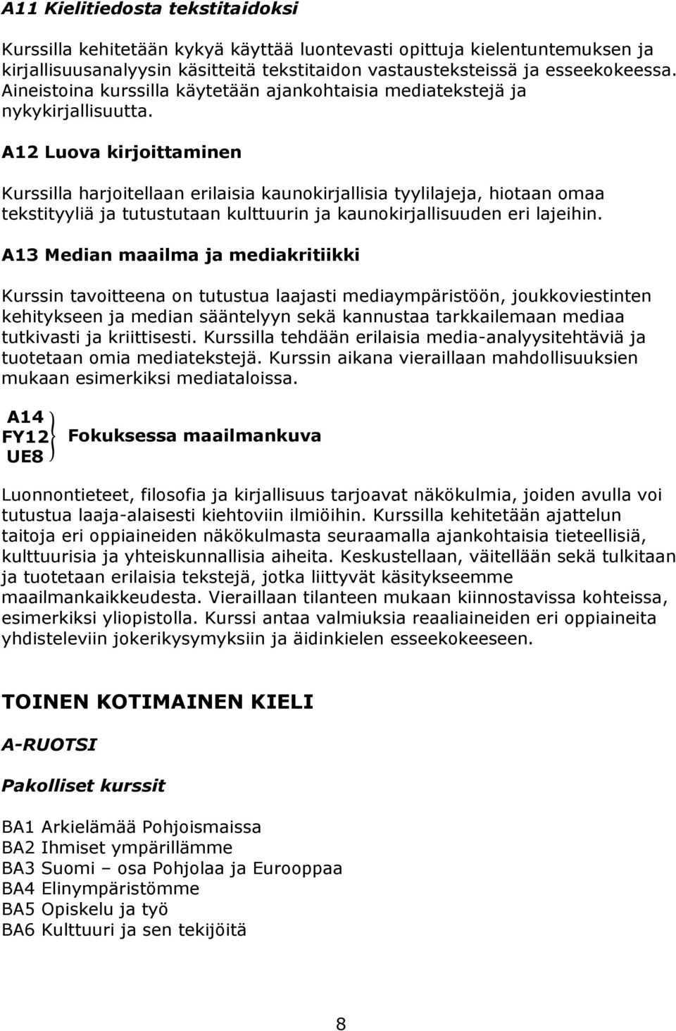 A12 Luova kirjoittaminen Kurssilla harjoitellaan erilaisia kaunokirjallisia tyylilajeja, hiotaan omaa tekstityyliä ja tutustutaan kulttuurin ja kaunokirjallisuuden eri lajeihin.