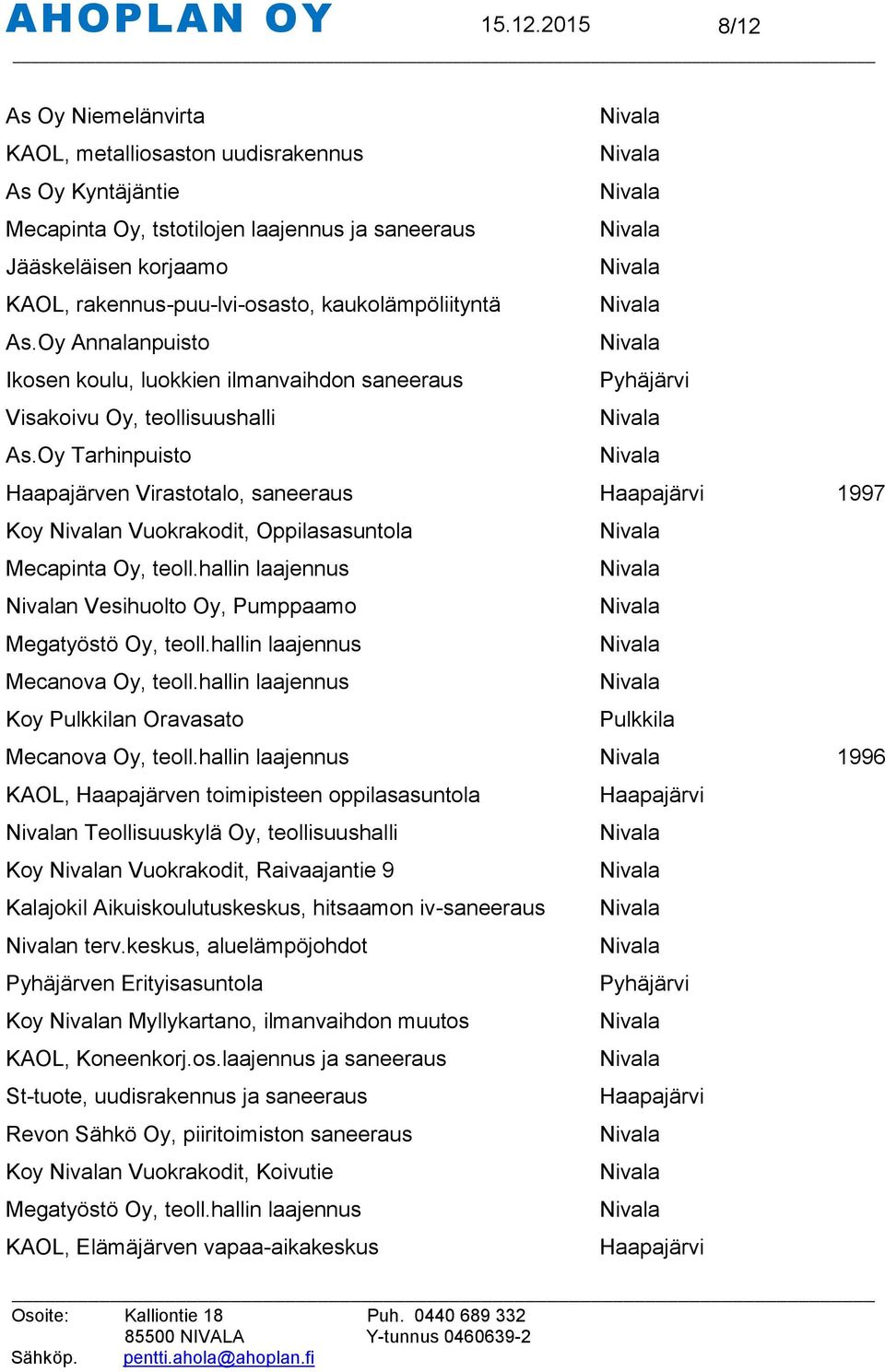 kaukolämpöliityntä As.Oy Annalanpuisto Ikosen koulu, luokkien ilmanvaihdon saneeraus Visakoivu Oy, teollisuushalli As.